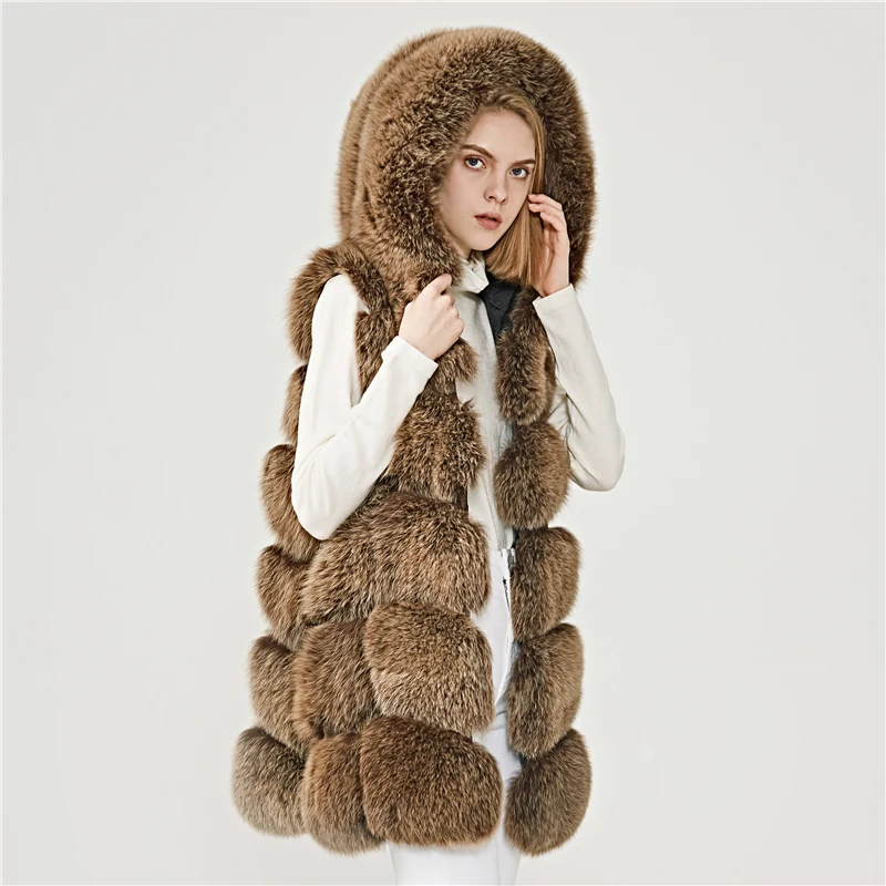 Жилет с капюшоном из натурального Лисьего меха женский зимний толстый меховой