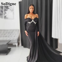 sodigne long sleeves black evening gown off shoulder appliques prom dresses side slit party dress plus size