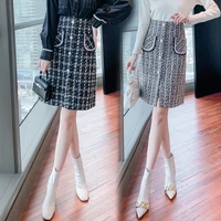 2022 autumn winter new small fragrant wind woolen long skirt high waist slim simple black grid word women hip skirt