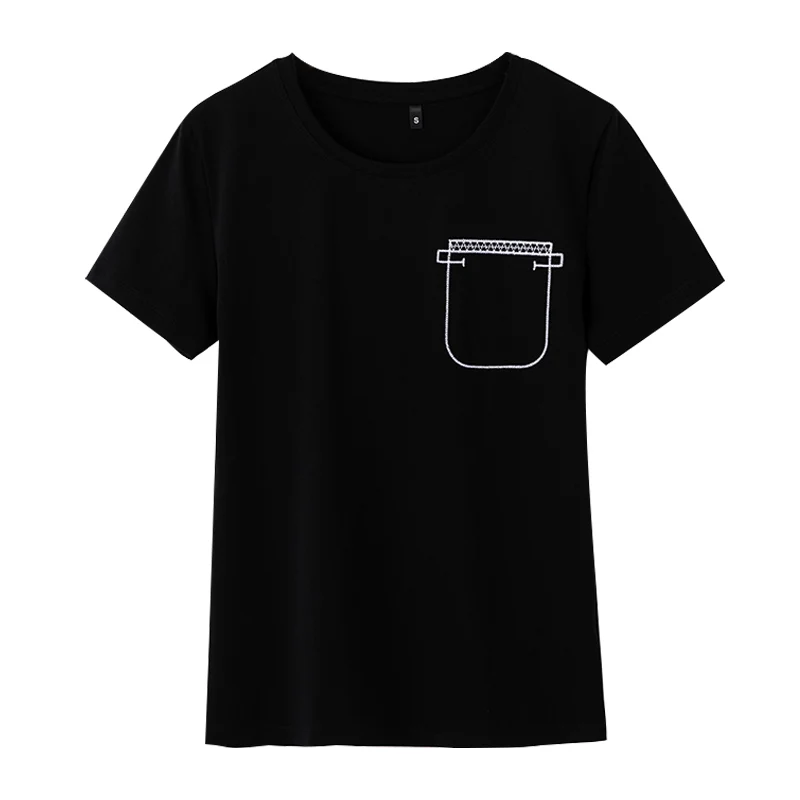 

2023 Summer New Solid Color T-shirt Short-sleeved Women's Simple Embroidery Pocket Round Neck Slim Casual Fashion Cotton Top
