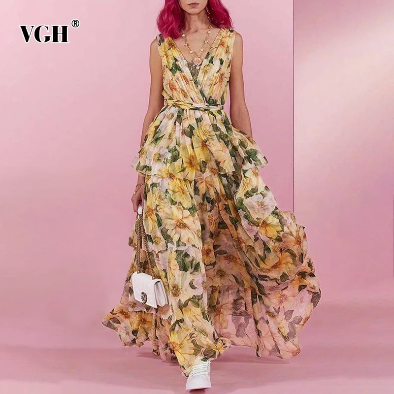 VGH с цветочным принтом сексуальное платье для женщин v образным вырезом без
