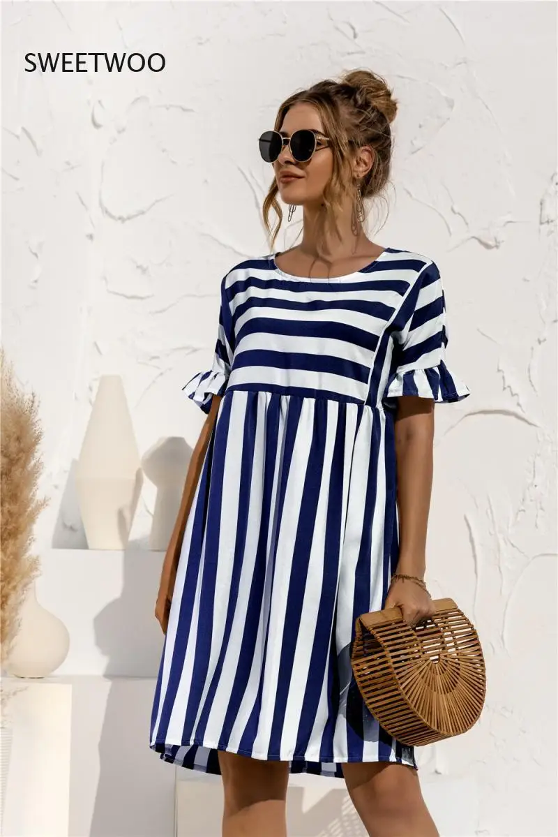 

2021 Spring and Summer Women's New Arrival Ruffled Short-Sleeved Striped Stitching Contrast Pocket Casual Loose Dress
