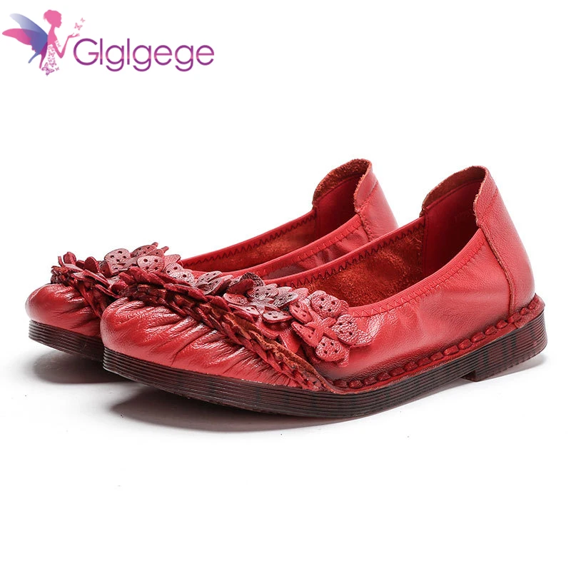 

Glglgege Spring Autumn Handmade Flower Round Toe Cowhide Women's Genuine Leather Shoes Comfortable Soft Lady Flats Shoes