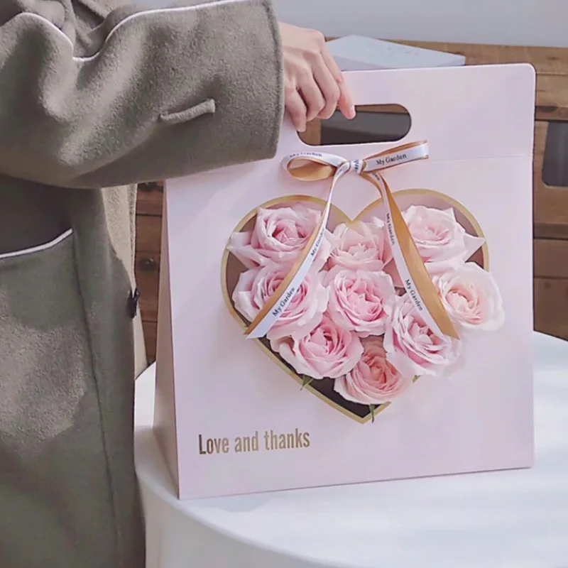Portable Flower Boxes Handy Gift Bag Kraft Handbag Box Packaging For DIY Wrapping Transparent Heart Shape Party | Дом и сад