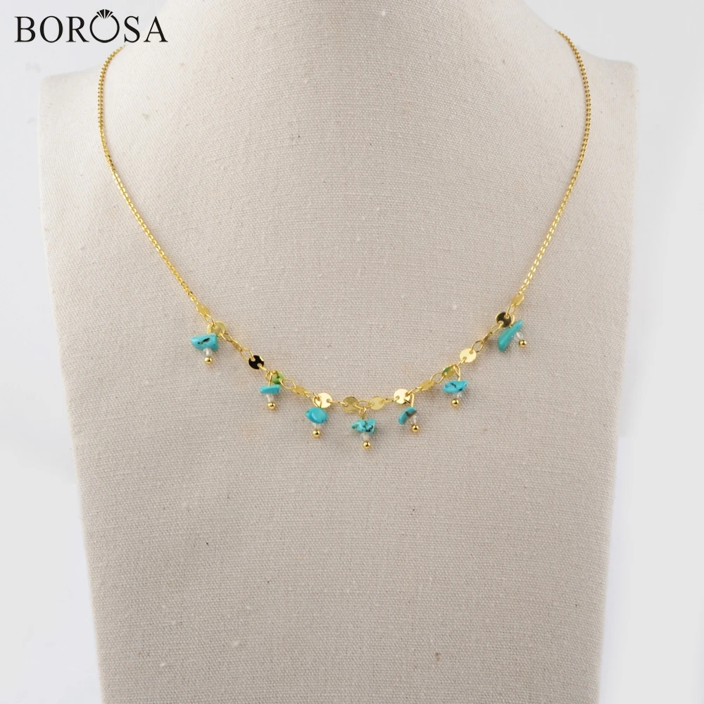 

BOROSA Freeform Natural Stone Beads Necklace Blue Howlite Beads Chains Turquoises Beads Metal Chains Necklaces for Women WX1319