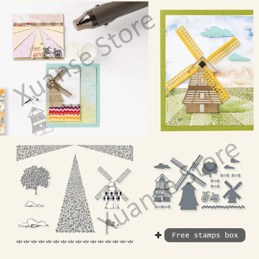 

Windmill And House Trees Metal Cutting Dies Clear Stamp for DIY Scrapbooking Stencil Cutting Dies Template Stamps For Card Diary