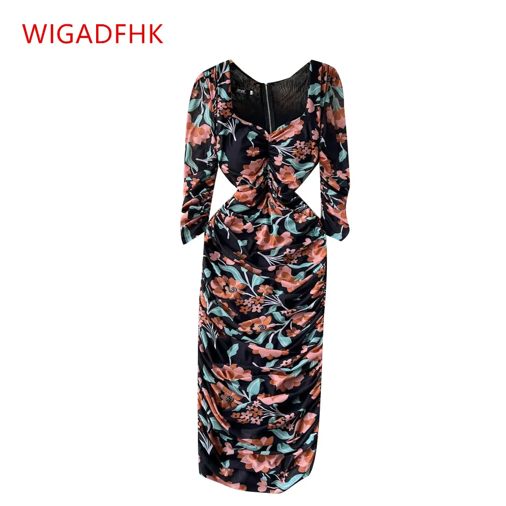 

High quality Pleated Floral Print Women Maxi Dress 2022 Spring Elegant Party Lady Vestidos Sexy Pencil Long Women Dresses Robes