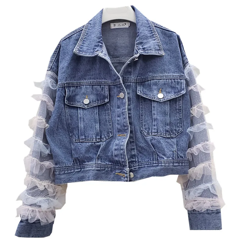 

Heavy Industry Rhinestone Mesh Sleeves Short Denim Coat Loose Blue Casual Jeans Jacket 2021 Spring Jean Jackets Girls Chaqueta