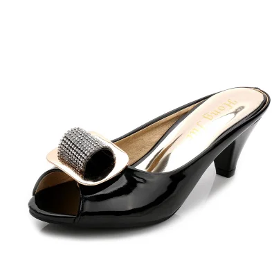 black rhinestone Женские шлепанцы с открытым носком, слайды на высоких каблуках, стразы с бантом, мягкие летние туфли из лакированной кожи, цвета: черный, белый, размера плюс - Цвет: black rhinestone