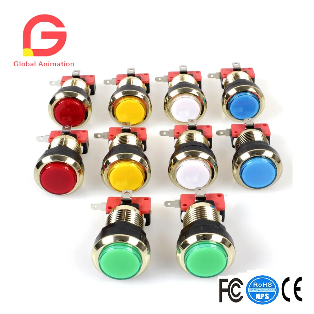 10 Pieces/lot Gold-plated LED Illuminated Push Button 30mm Holes Gilded buttons With Micro Switch for Arcade Video Games Machine