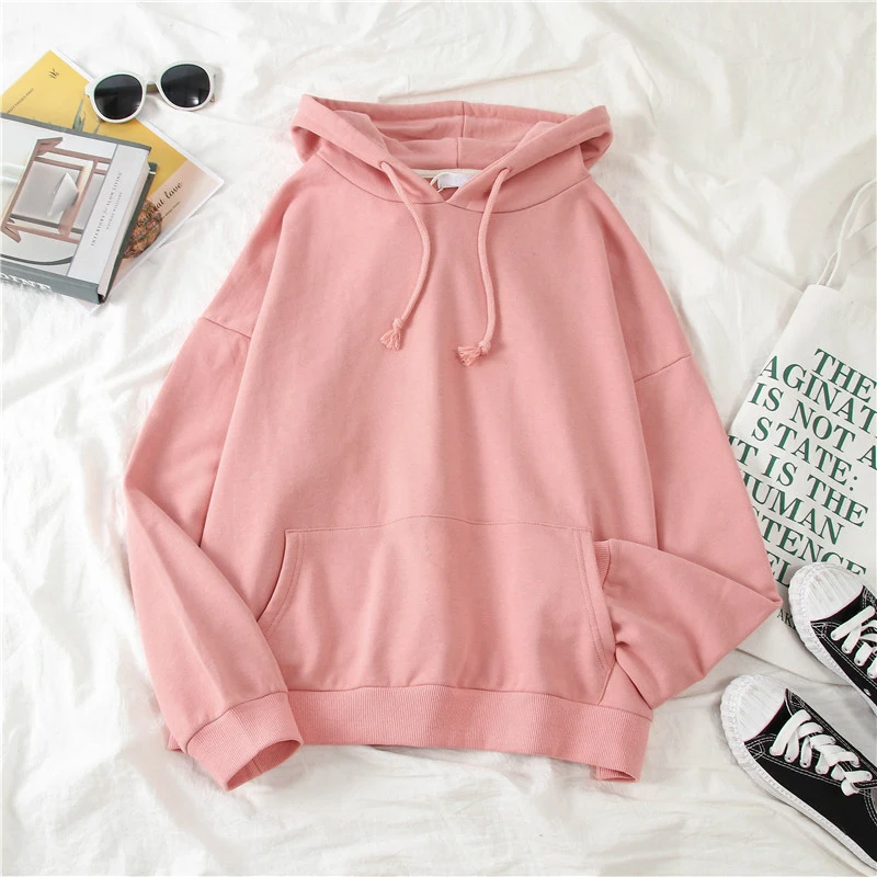 

Women's Hooded Sweatshirts Spring Autumn Korean Harajuku Solid Color Front Pockets Loose Clothing Student All Match Thin Hoodies
