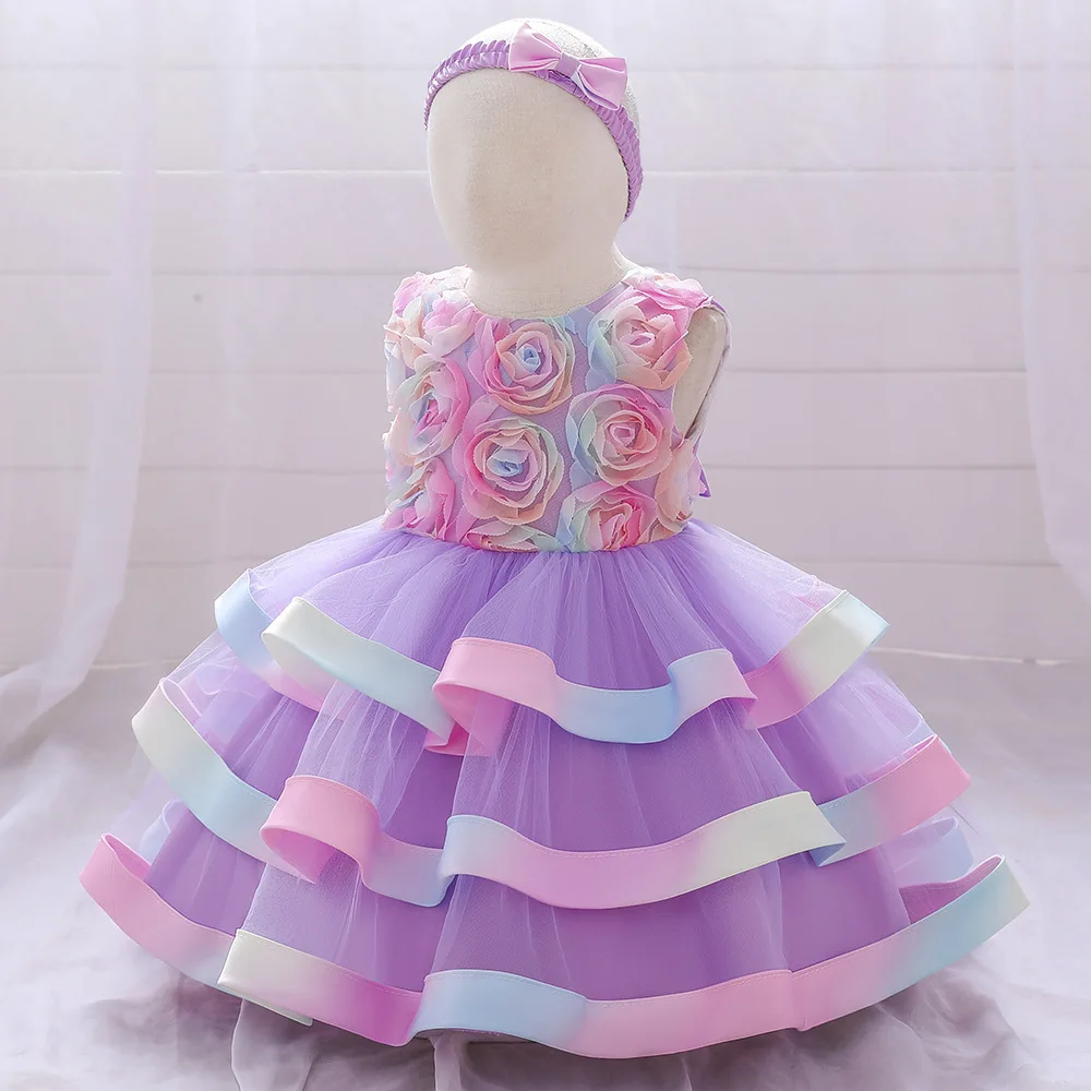 

Цветочное платье для девочек с повязкой на голову, бальное платье принцессы, платье-пачка для новорожденных, платья на день рождения для мал...
