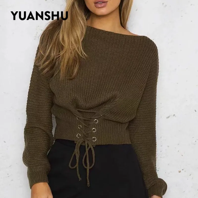YUANSHU Повседневный укороченный вязаный свитер на шнуровке женский эластичный