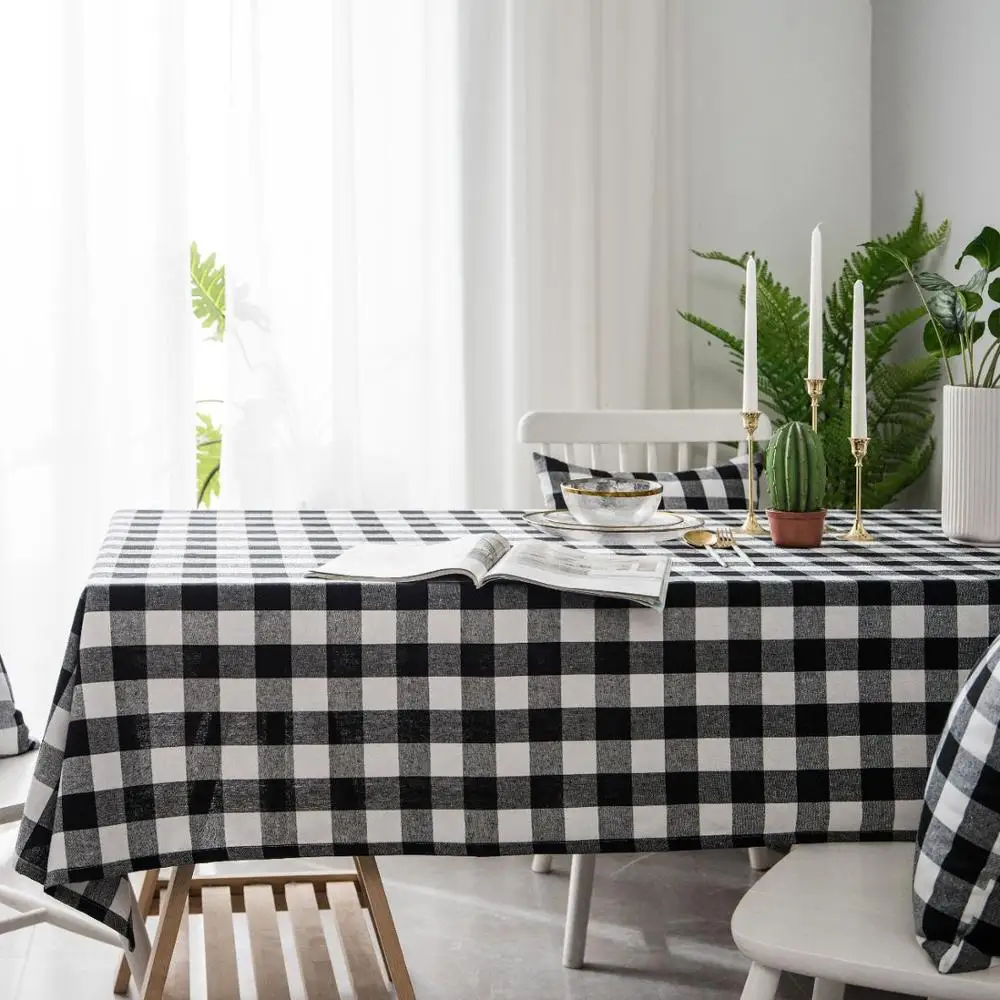 

Black Plaid Yarn Dyed Linen Cotton Pastoral Tablecloth Picnic BBQ Home Kitchen Decorative Table Cover