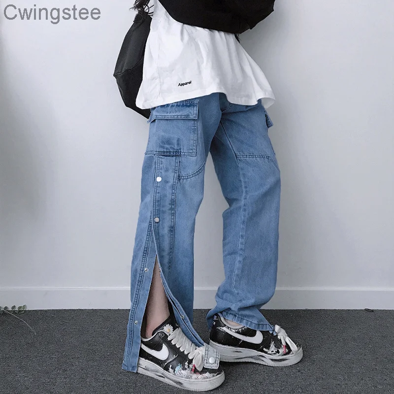 

Streetwear Joggers Button Up Denim Jeans High Waist Loose Cargo Sweatpants Korean Fashion Vintage Trousers 2000s