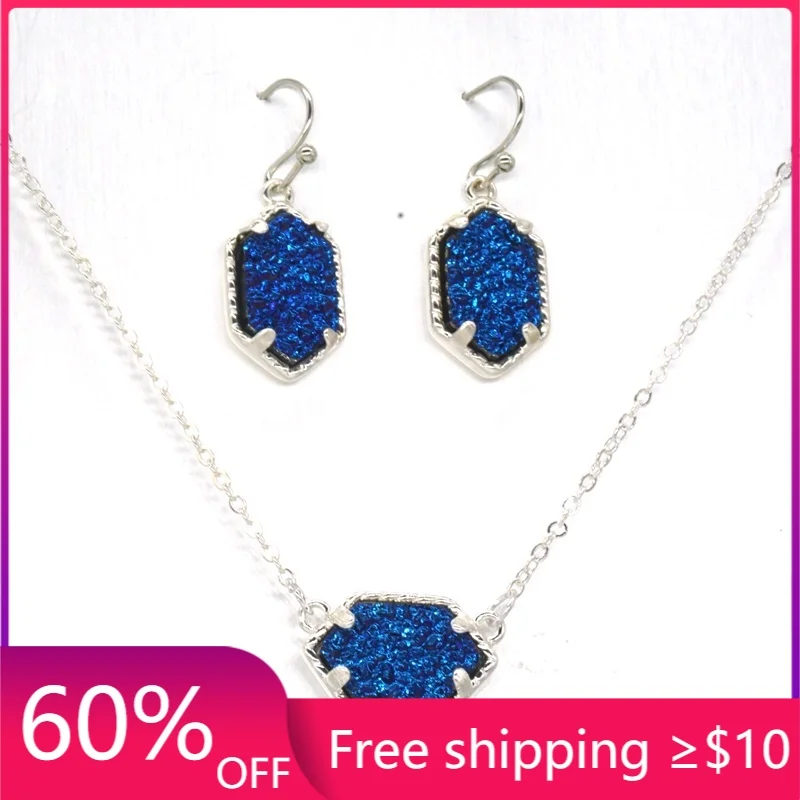 Подвеска друза из смолы и серьги набор ювелирных изделий овальной шестиугольной