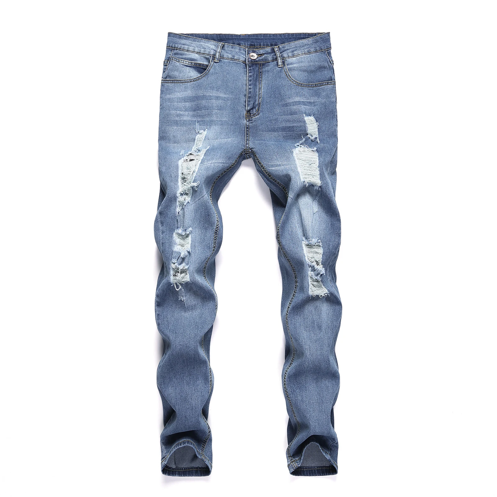 

New Jeans Men Ripped Hole Skinny Jeans Light blue Pencil Pants Moto Biker Party Casual Denim Trousers 2021 Mens Cowboy Clothing