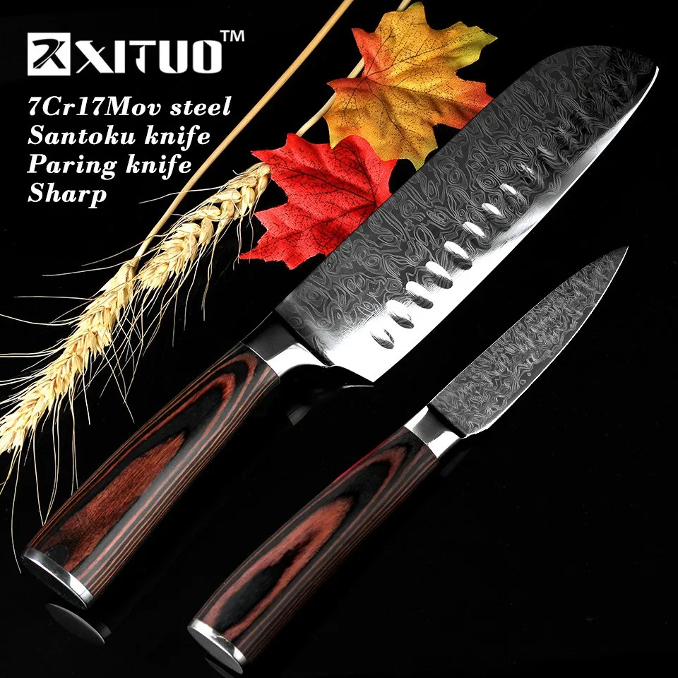 

XITUO Kitchen Santoku Knife 7CR17 Stainless Steel Chef Knives 7 Inch Santoku Knifes For Kitchen 3.5 Inch Paring Knife Set
