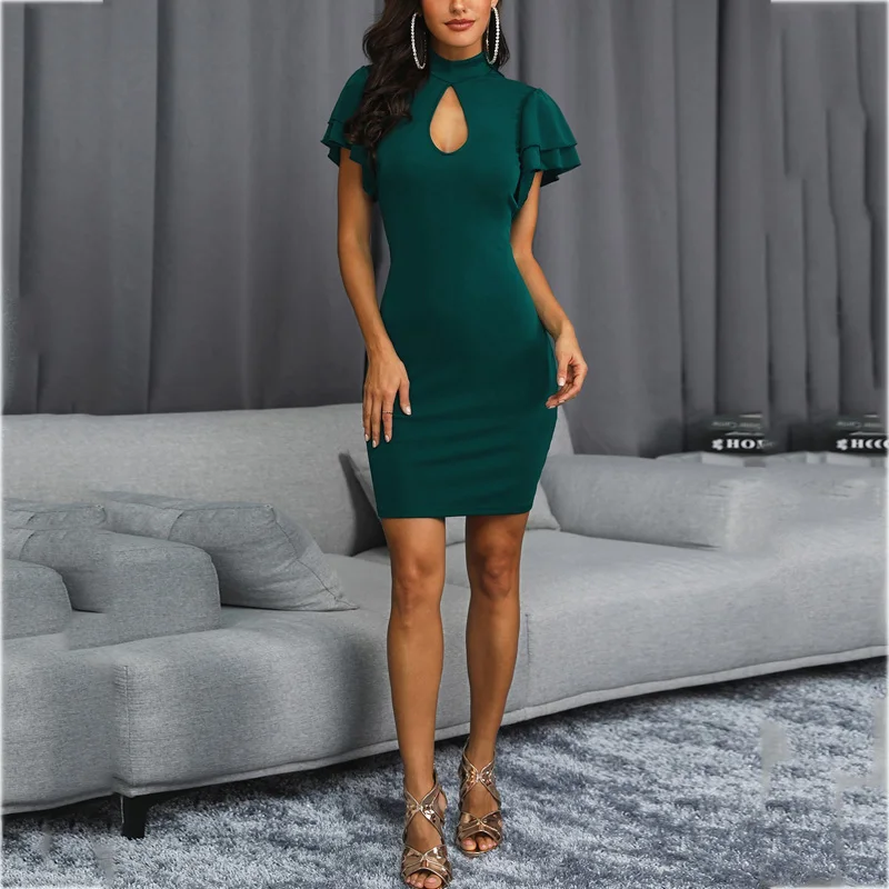 Женское облегающее платье с рюшами уличное футляр коротким рукавом Летнее мини