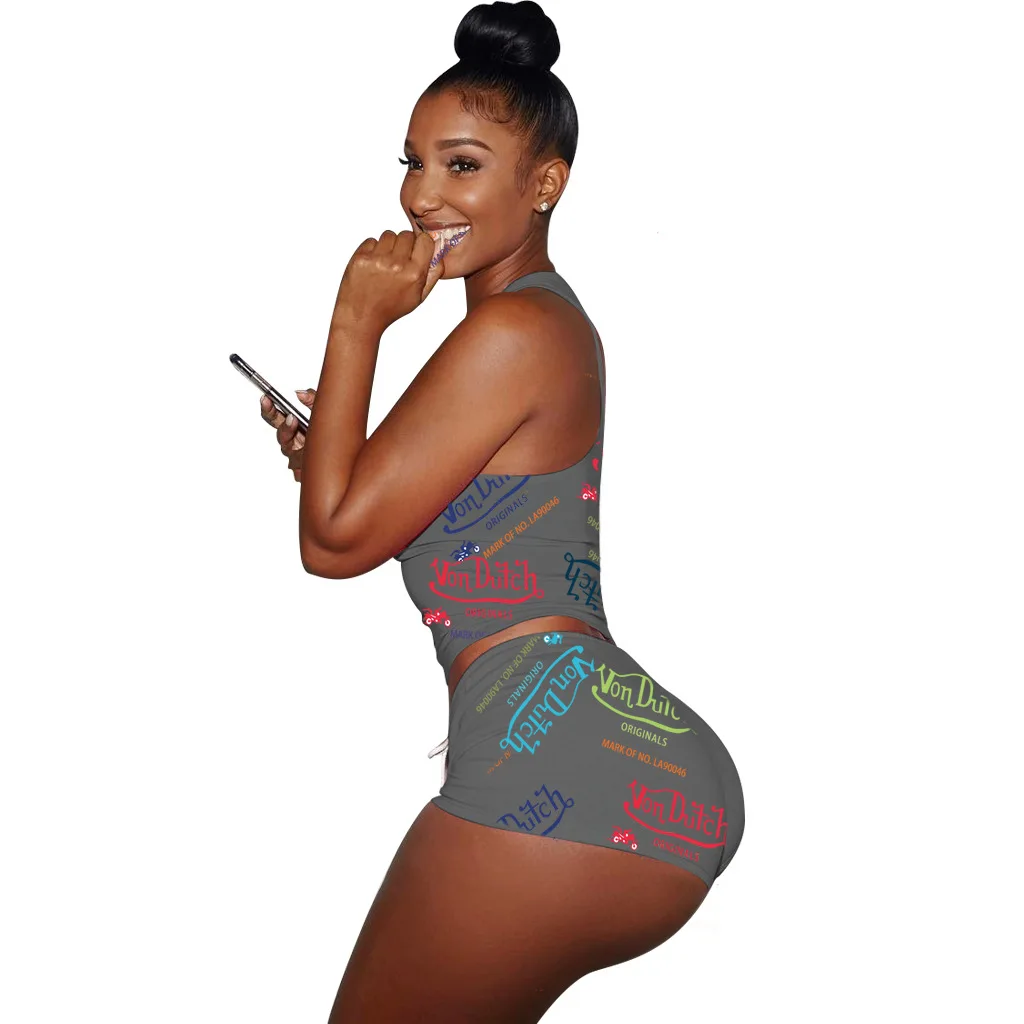 

SSEURAT The New Summer Women's Casual Suit Street Style Printed Vest + Shorts Sport 2-Piece Set Outfits