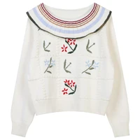 autumn winter 2021 new womens round neck ruffle long sleeve contrast stripe flower embroidery loose knit pullover