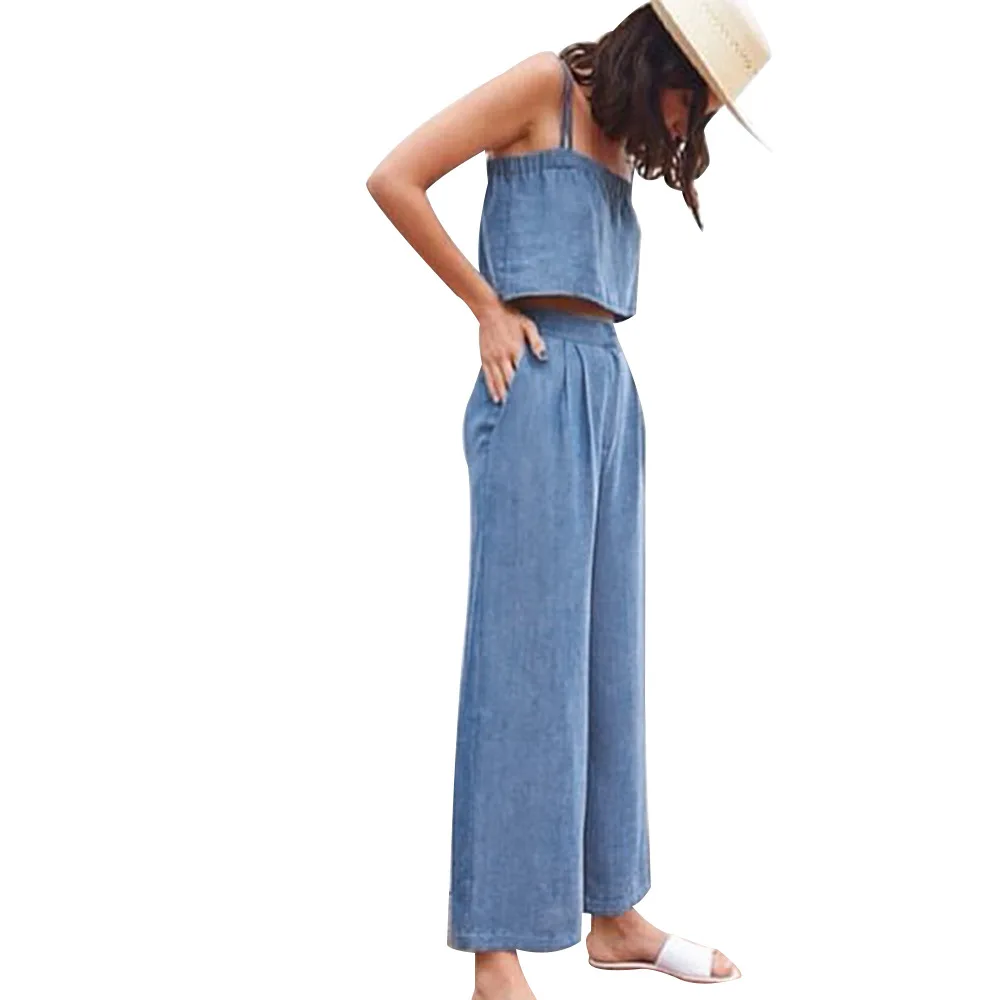

Women's Suit Sexy Loose Strapless Sleeveless Tops & High Elastic Waist Pant 2019 Spring Summer Casual Outwear Women Suits