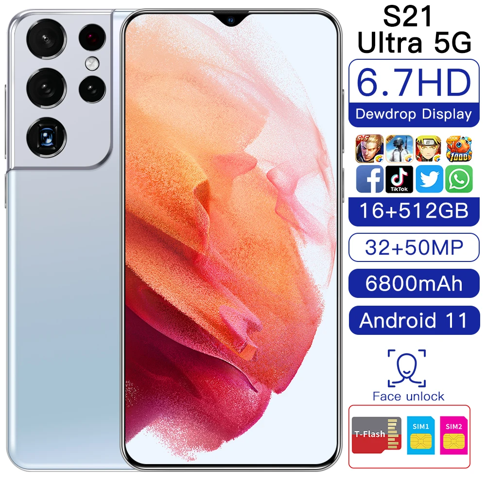 

Samsuny S21Ultra 6.7 Inch Smartphones 5G LET 12+512GB 10-Core 32MP+50MP Camera Android11 Cellphones Dual SIM Mobile Phone