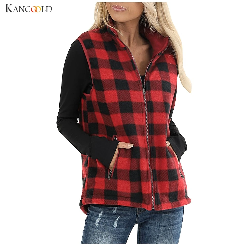 KANCOOLD coats Womens Open Front Color Block Lapel Sleeveless Plaid Pockets Vest Cardigan fashion new Coat women 2019NOV25 | Женская
