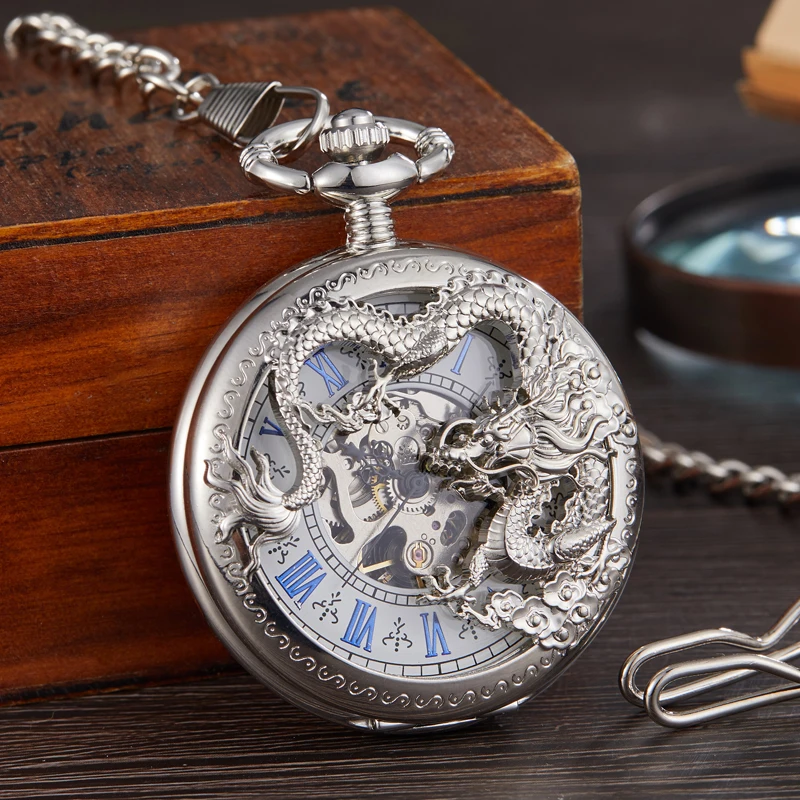 Retro Mechanical Pocket Watch Dragon Play Ball Steampunk Skeleton Hand-wind Flip Clock Fob Watch With Chain Double Hunter Gift images - 6
