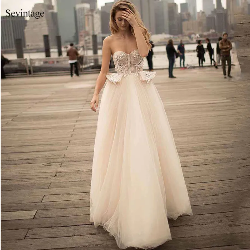 

Sevintage Sweetheart Lace Boho Wedding Dresses A-Line Backless Bridal Gowns with Train Custom Made Bride Dress Robes De Mariée