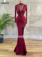 glitter red evening dresses 2021 mermaid long sleeves beads crystal high side slit sexy women formal prom party gowns