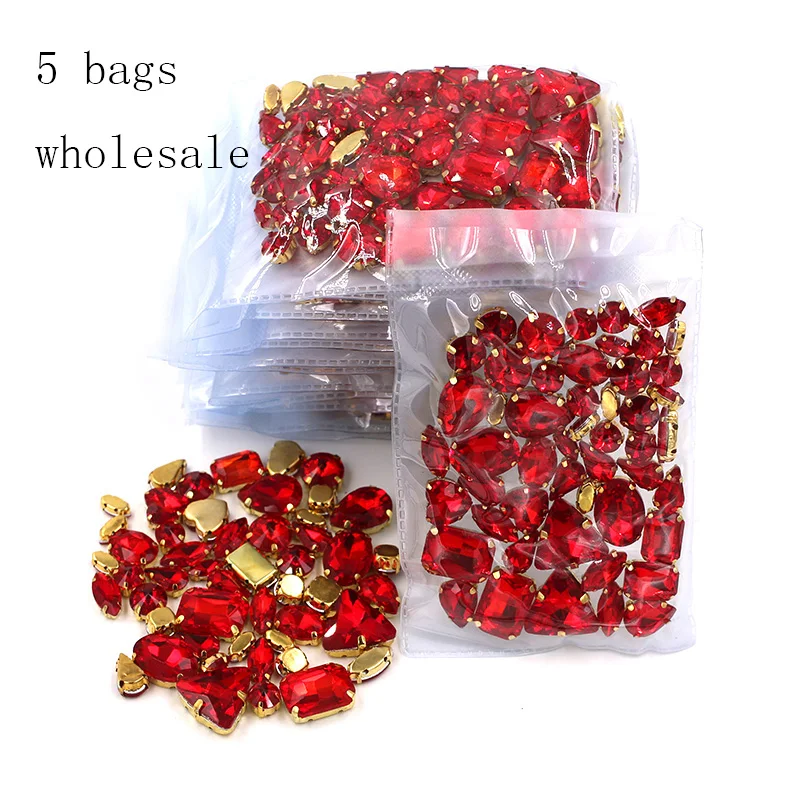 

Free shipping Wholesale 5 bags mixed shape sew on glass Red gold base rhinestones diy dress/Clothing accessories