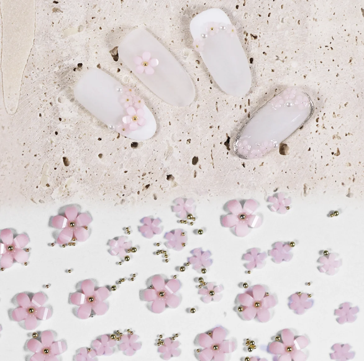 

500pc/1bag 3D Big Small White Flowers Nail Art Accessories Mixed Steel Balls Three Dimensional Nail Polish Decals Decoration