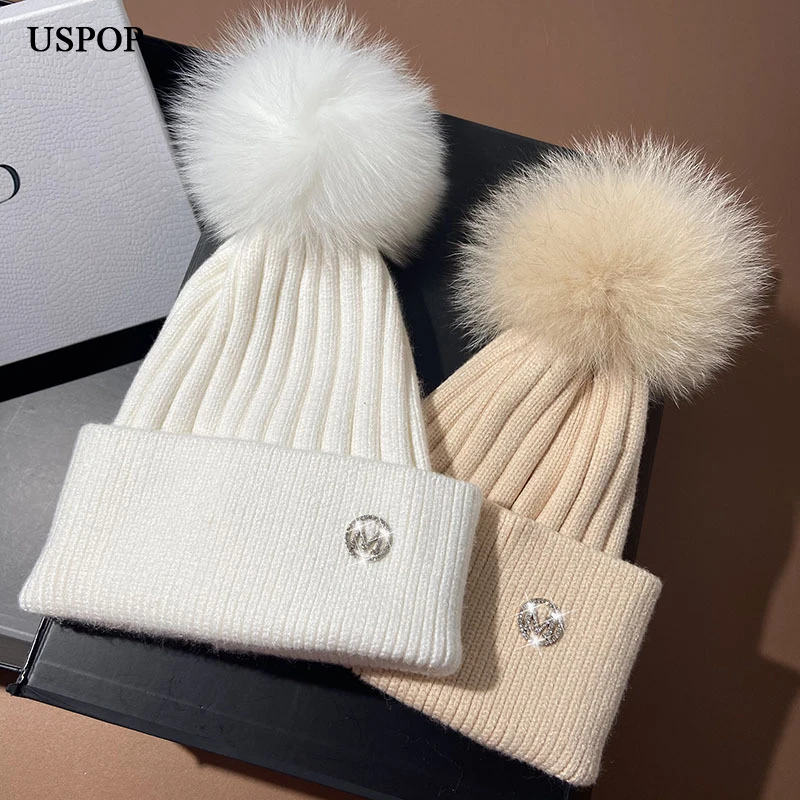 

New natural fur pom pom hat fashion winter hat for girl women warm beanies High quality fox fur hat