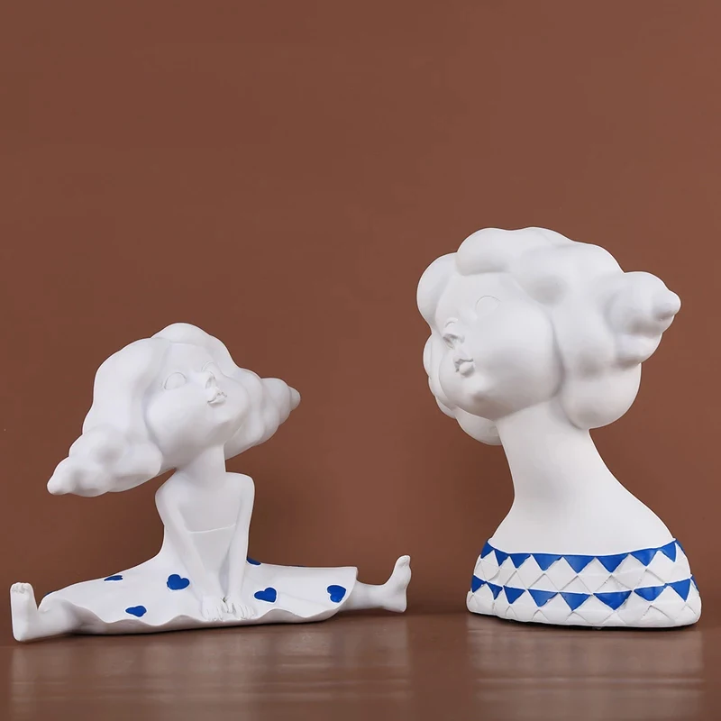 

European White Cotton Candy Girl Resin Sculpture Living Room Wine Cabinet Decor Crafts Art Portrait Bust Statue Home Decoration
