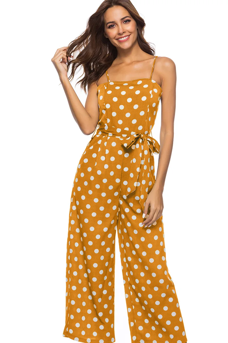

Womens Casual Loose Fashion Long Polka Dot Suspender Belt Jumpsuits Rompers Girl Female Stylish Overalls Wide Leg Pants Pocket