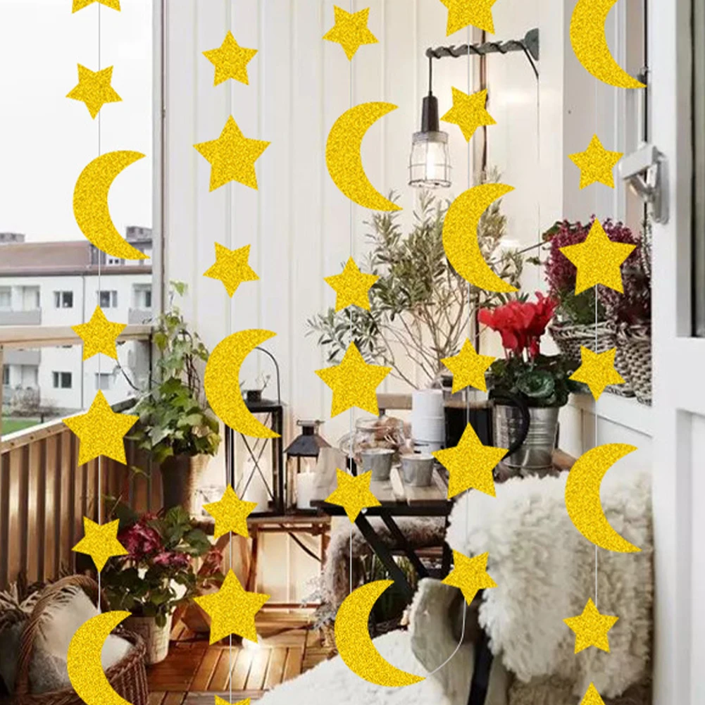 

Gold Paper Star Shape String Bunting Banner Birthday Party Hanging Decor With Moon Star Kids Mubarak Wedding Office Decor 4PCS