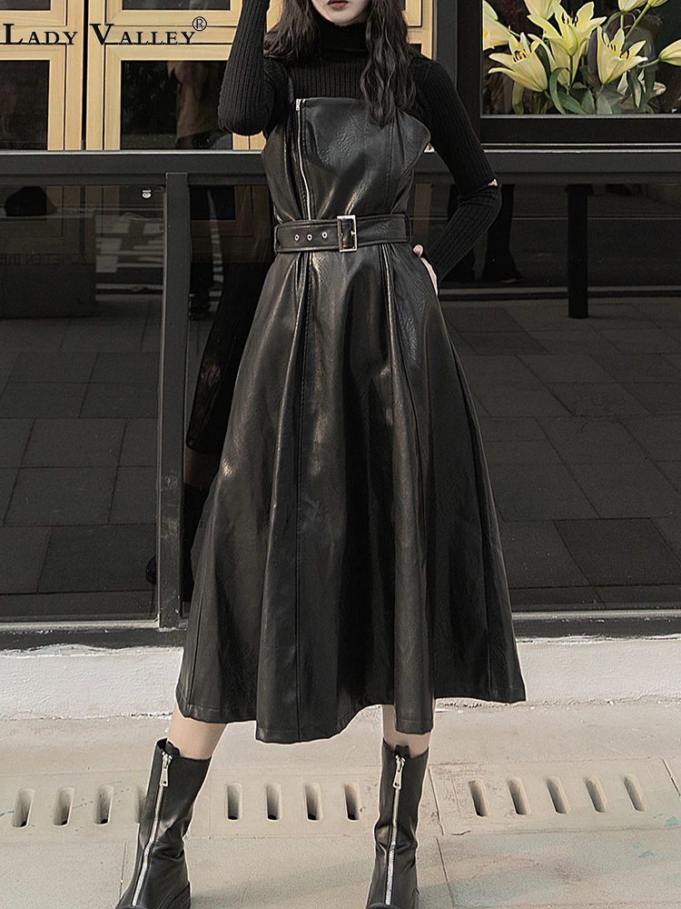 Одно шея воротник слинг Ретро бретели талии ПУ кожа А силуэт платье дамы осень и