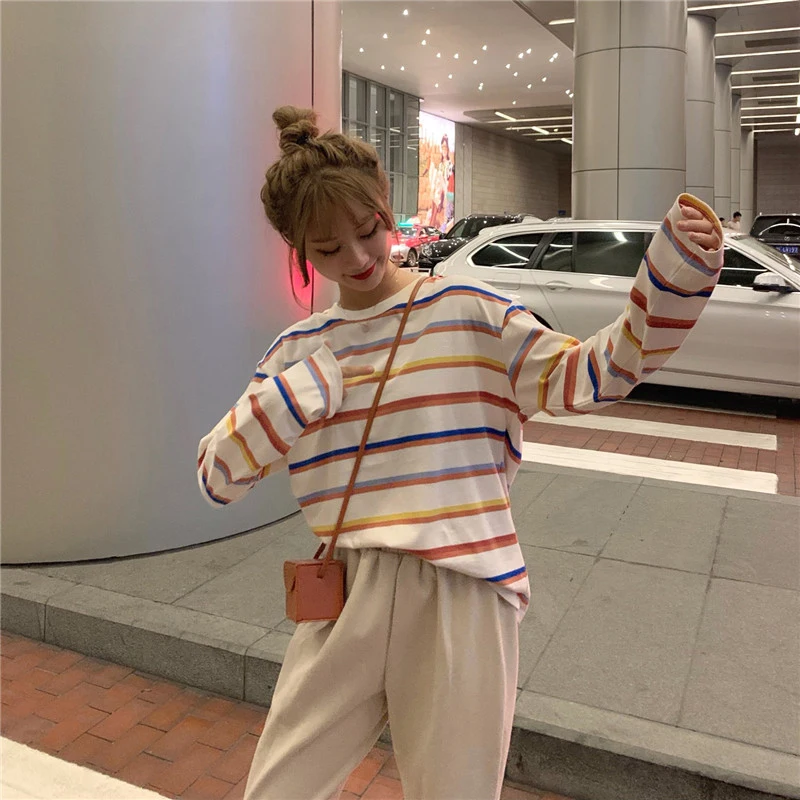 Полосатая одежда Kawaii Harajuku в Корейском стиле уличная Эстетическая Осенняя