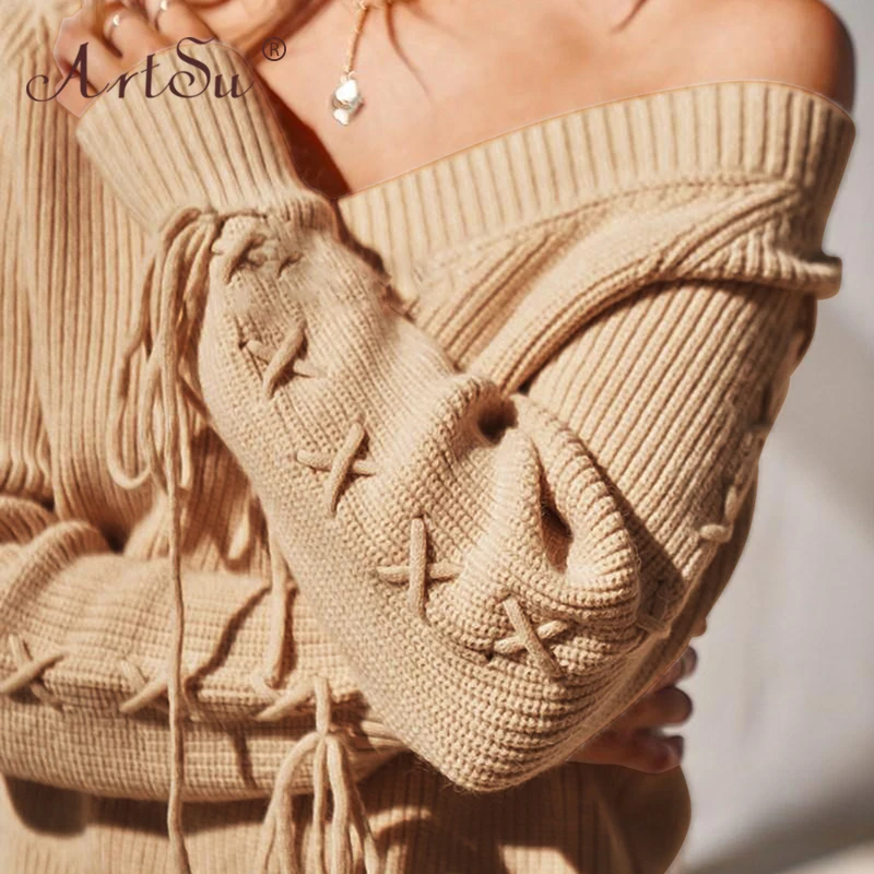 Женский вязаный свитер ArtSu желтый на шнуровке с длинным рукавом v-образным