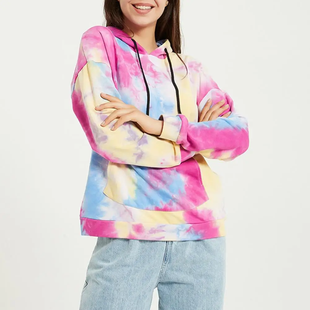 

Women Fashion Long Sleeve Hooded Sweatshirt Tie Dye Pocket Loose Hoodie Top