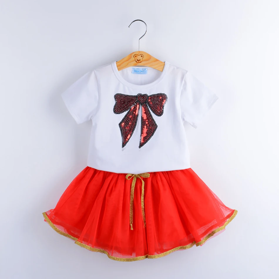 

Летняя футболка без рукавов для маленьких девочек + летний детский костюм с принтом, юбка с бантом, детская форма из 2 предметов, одежда с блестками и звездами