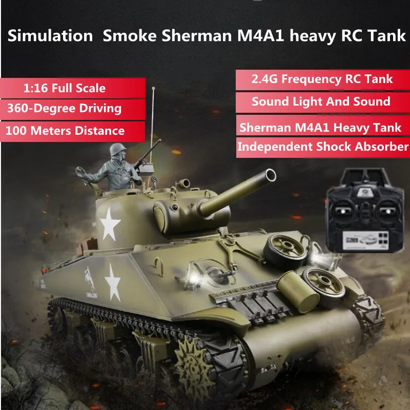 

Simulation Smoke Sherman M4A1 heavy RC Tank 1:16 Independent Shock Absorber 360-Degree Driving 2.4G Remote Control Tank Model