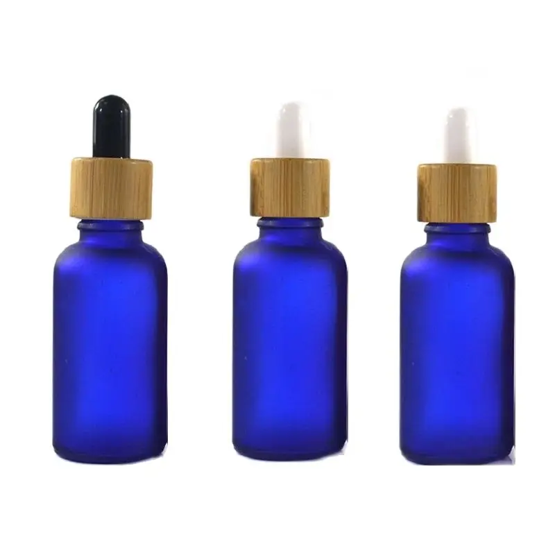 

5ml 10ml 15ml 20ml 30ml 50ml 100ml Empty Essential Oil Dropper Refillable Bottles Blue Frost Glass Container Bamboo Wood Lid