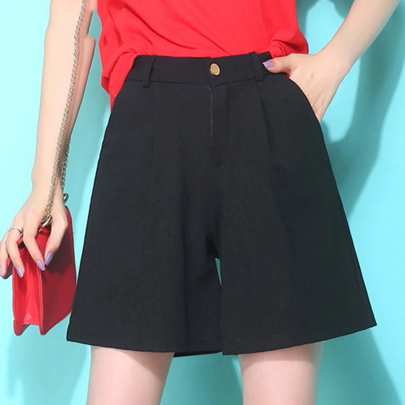 

2021 summer thin women's wide-leg pants high-waist casual loose five-point shorts Black