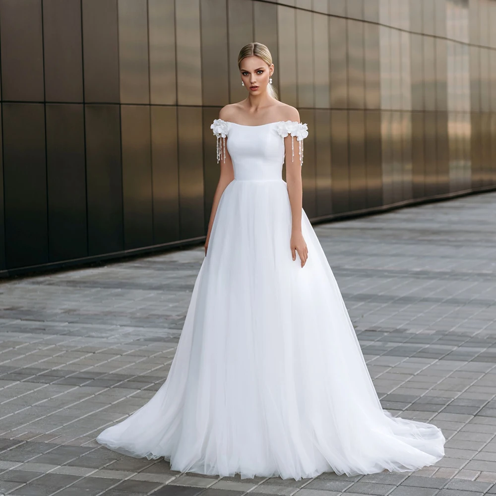 

Simple White Wedding Dress Off Shoulder Tulle Elegant Strapless Bridal Gown Woman Floor Length Civil Princess Свадебное платье