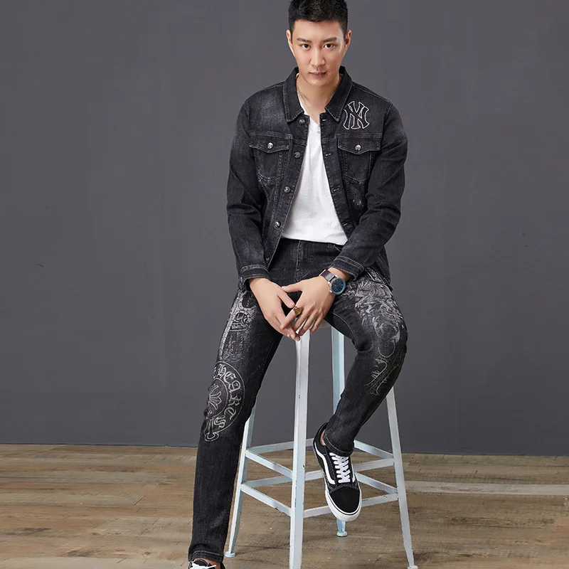 Luxury Brand Korean Ladies Punk Streetwear Womens Vintage Printed Jeans Stretch Black Trousers Female Denim Harem Pants