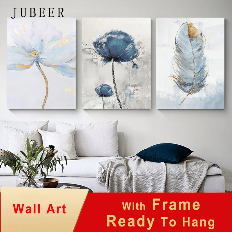 

Scandinavian Flower Framed Canvas Art Abstract Painting Feather Decoration Picture for Living Room with Frame Nordic Home Decor