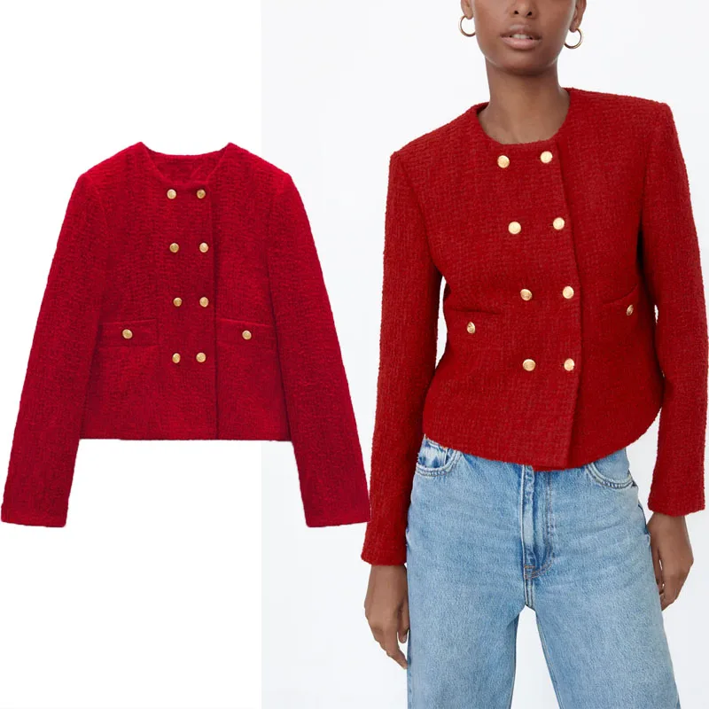 

Za 2021 Red Textured Double Breasted Jacket Women Long Sleeve Vintage Fitted Coat Fashion Buttoned Female Autumn Jackets Tops