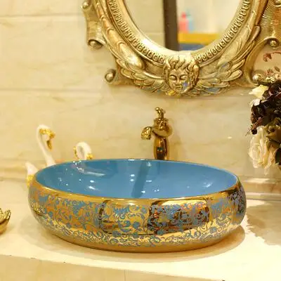 Роскошные золотые цветы овальная фарфоровая столешница раковина для